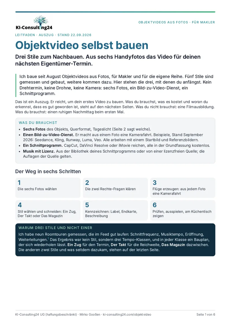 Vorschau: Der Leitfaden Objektvideo selbst bauen, sechs Seiten A4 mit drei Stilen zum Nachbauen