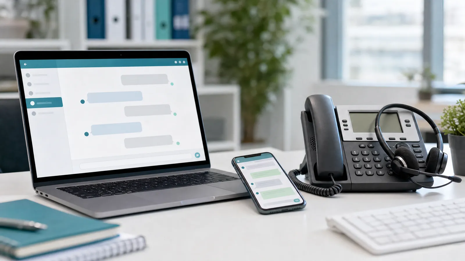 Schreibtisch einer Hausverwaltung mit Laptop im Website-Chat, Smartphone mit Messenger-Chat und Tischtelefon mit Headset