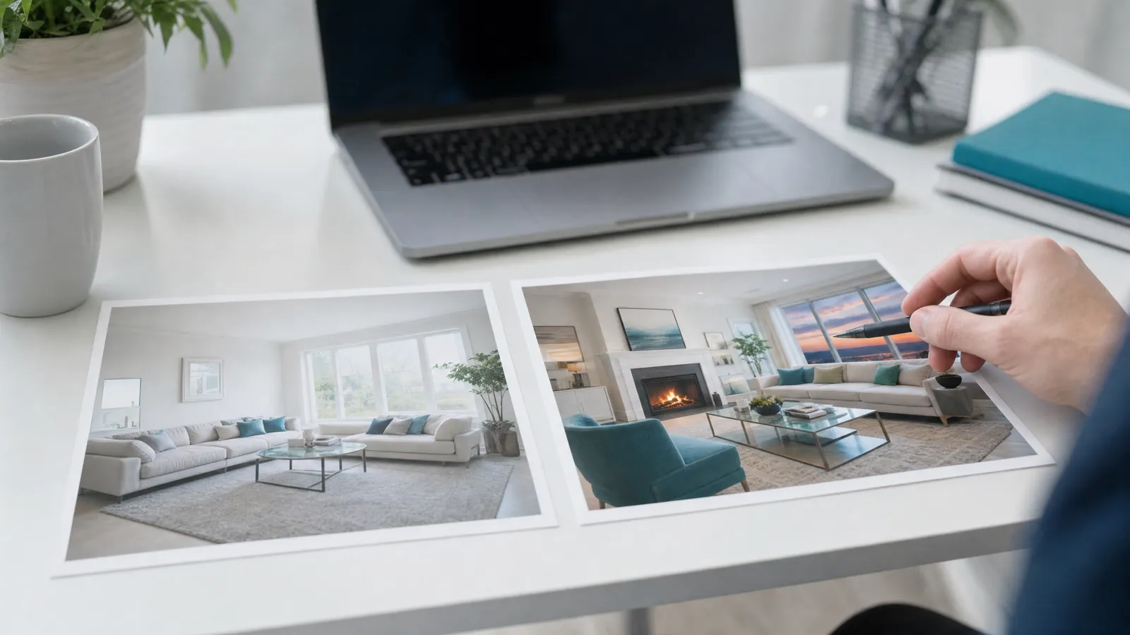 Zwei ausgedruckte Fotos desselben Wohnzimmers nebeneinander, eines davon mit hinzugefügtem Kamin und Sonnenuntergang im Fenster
