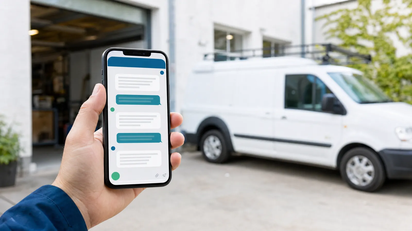 Eine Hand hält ein Smartphone mit einem Chat, im Hintergrund unscharf ein Firmenwagen vor einer Werkstatt