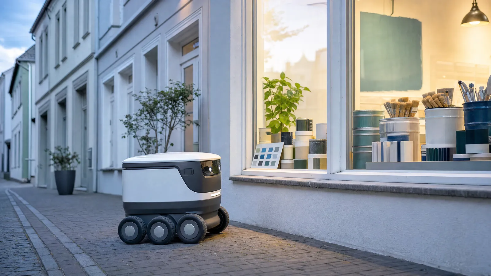 Kleiner Lieferroboter steht in der Abenddämmerung vor dem beleuchteten Schaufenster eines Malerbetriebs, die Straße ist menschenleer