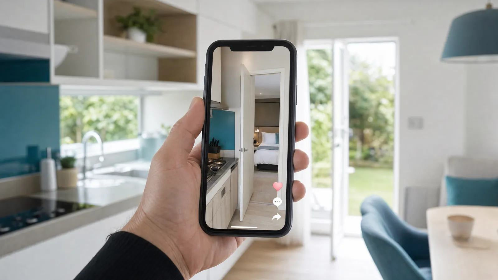 Hand hält ein Smartphone mit einem Video einer hellen Ferienhausküche, im Hintergrund unscharf die echte Küche mit einer Tür nach draußen
