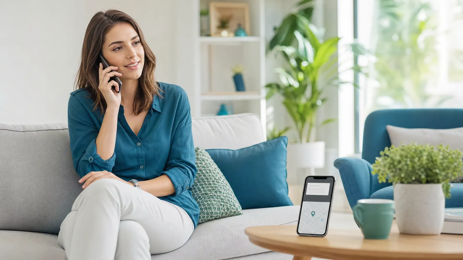 Junge Frau sitzt auf dem Sofa und telefoniert, vor ihr liegt ein zweites Smartphone mit einem kurzen Antwortkasten und einer Karte mit einem einzelnen Standort