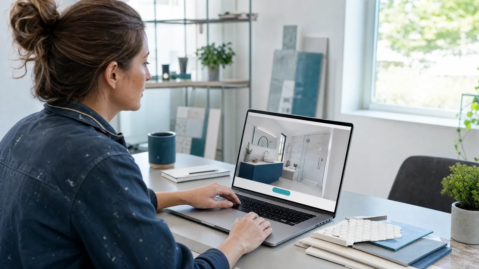Inhaberin eines Fliesenlegerbetriebs sitzt im hellen Büro am Laptop mit einer schlichten Firmen-Website, darauf ein großes Foto eines fertigen Bads und ein deutlicher Anruf-Knopf, daneben Fliesenmuster