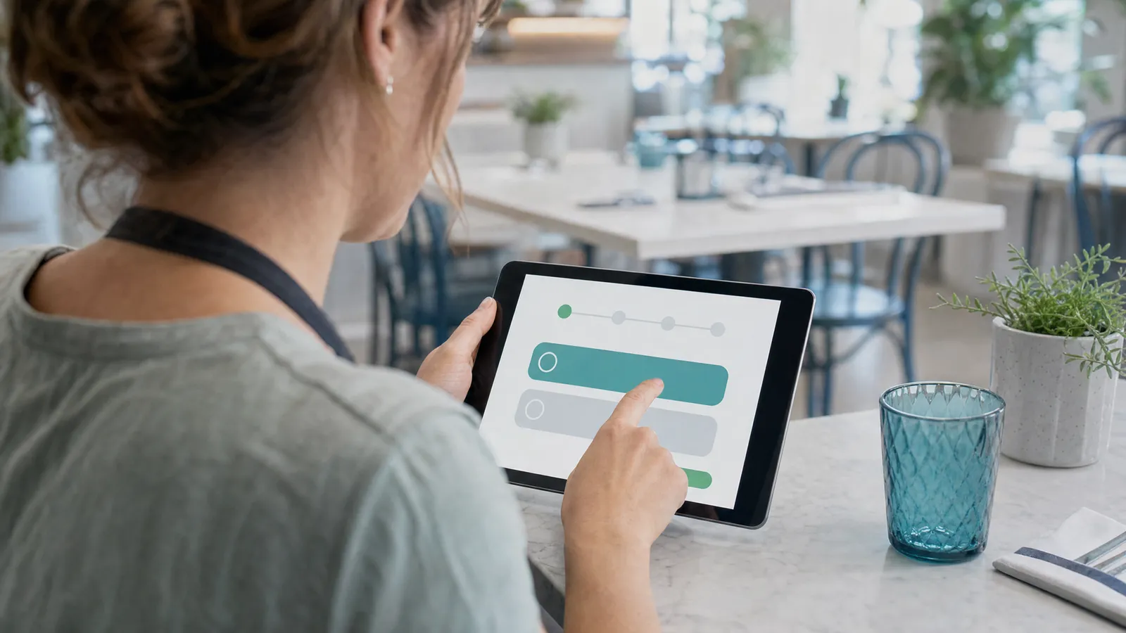 Inhaberin eines Bistros beantwortet morgens am Tisch im leeren Restaurant Fragen auf einem Tablet