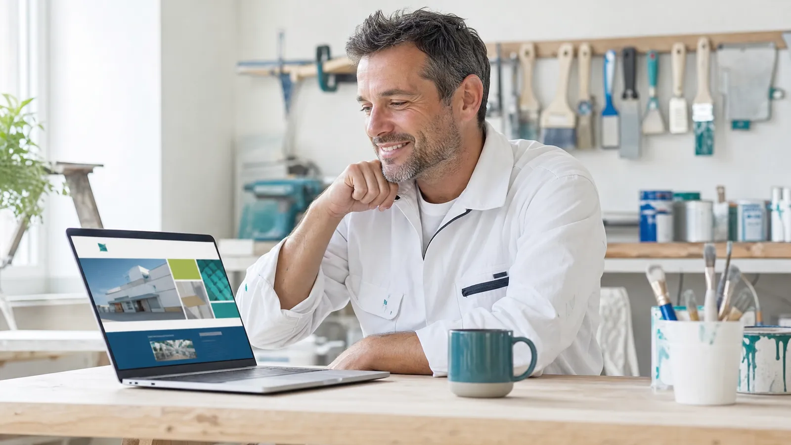 Malermeister sitzt in seiner hellen Werkstatt am Laptop und schaut auf die Vorschau einer modernen Firmen-Website
