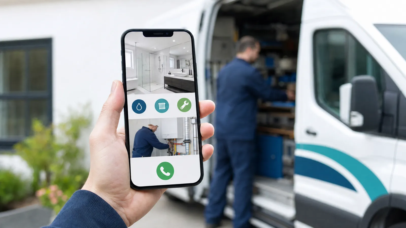 Hand hält ein Smartphone mit einer mobilen Firmen-Website vor dem Transporter eines Haustechnik-Betriebs